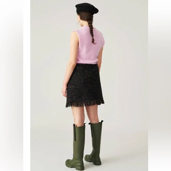 NEW GANNI WOOL A-LINE TWEED SKIRT in BLACK Size 38 / US 6
